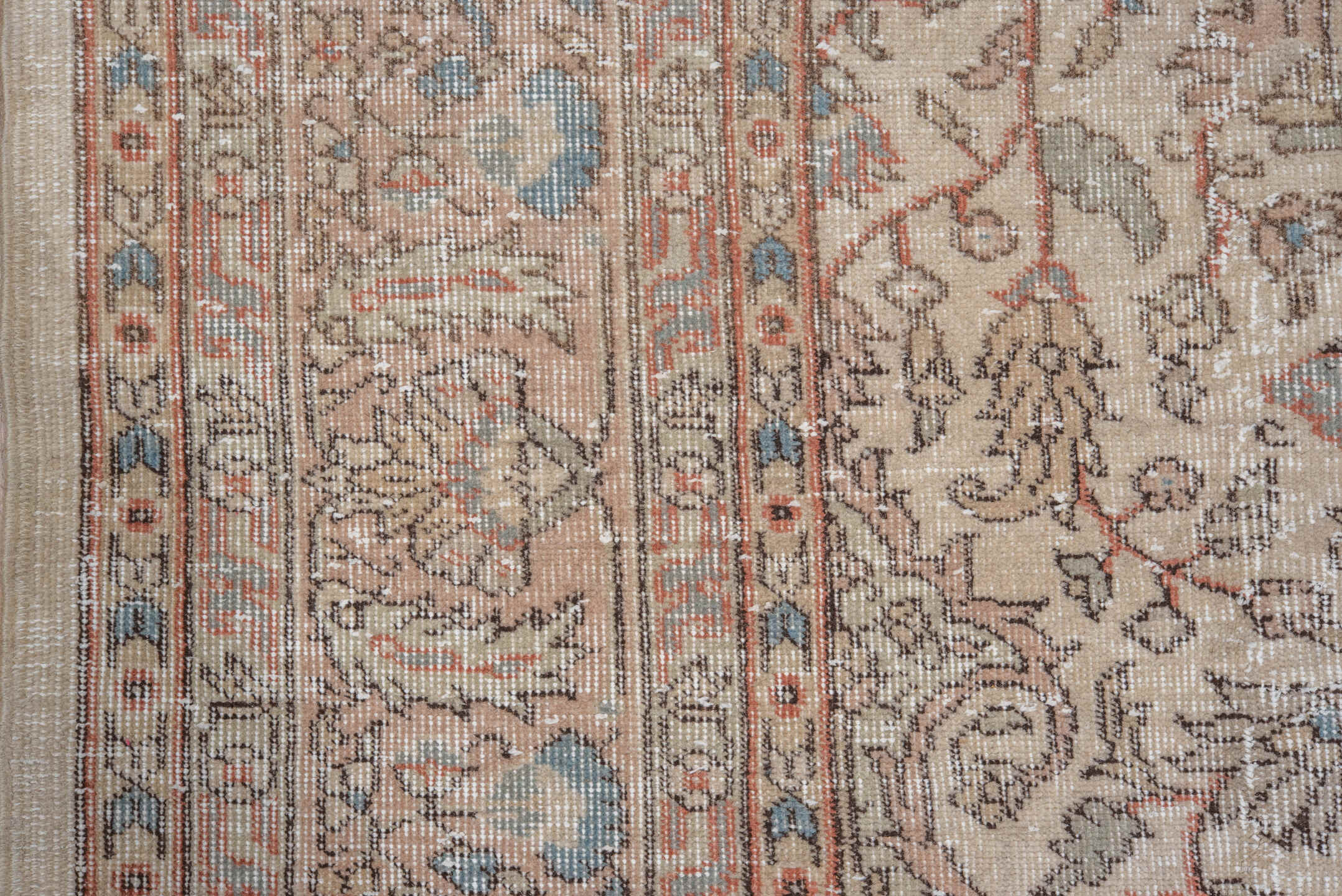 8' x 11' one-of-a-kind handmade vintage Oushak large size rug. Color palette: ivory, taupe, blush, light blue, beige, camel