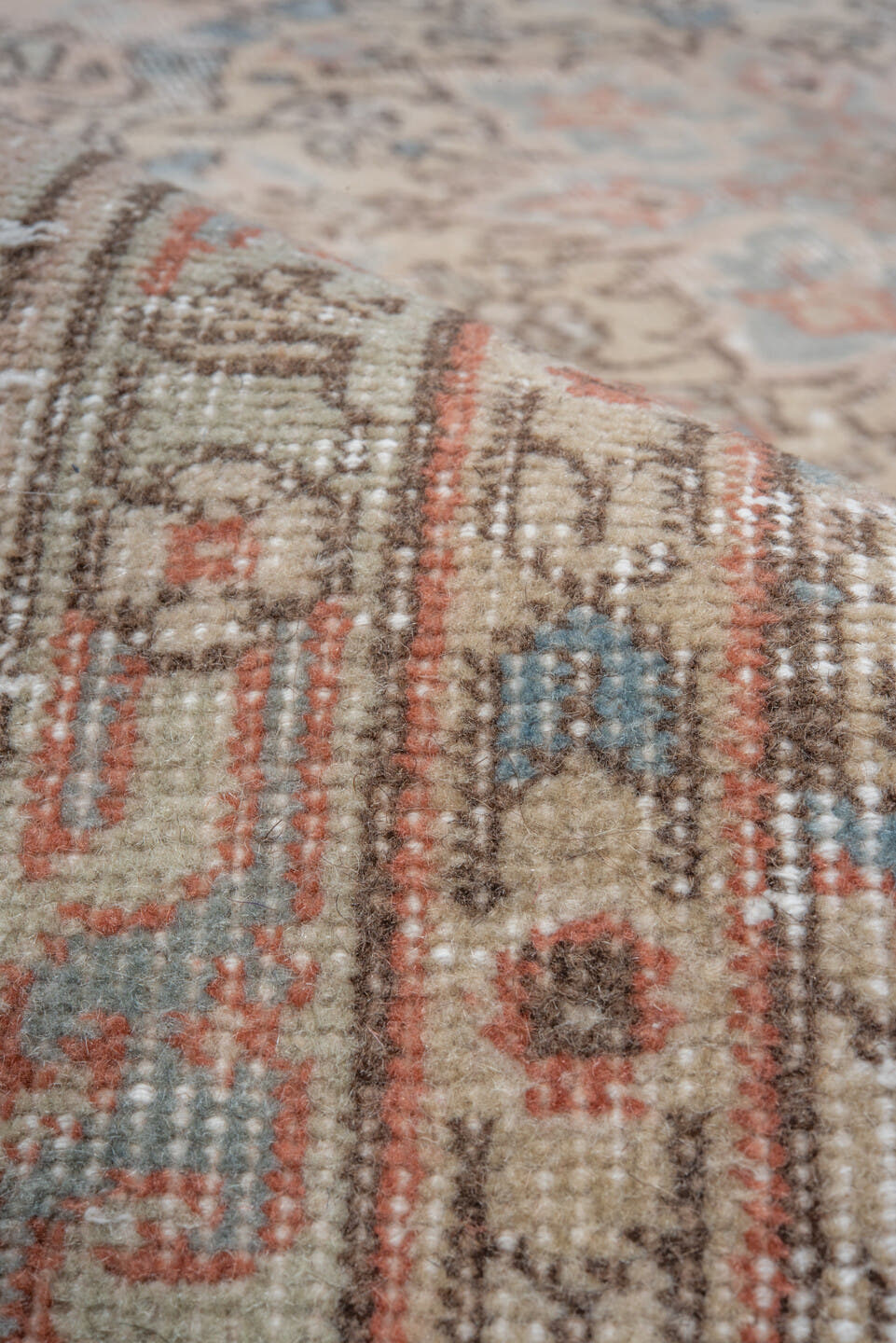 8' x 11' one-of-a-kind handmade vintage Oushak large size rug. Color palette: ivory, taupe, blush, light blue, beige, camel