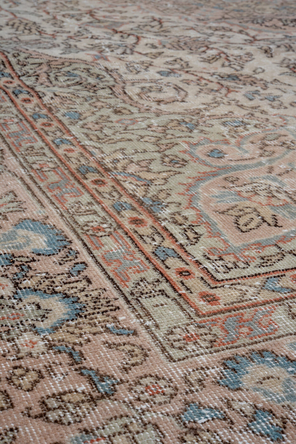 8' x 11' one-of-a-kind handmade vintage Oushak large size rug. Color palette: ivory, taupe, blush, light blue, beige, camel