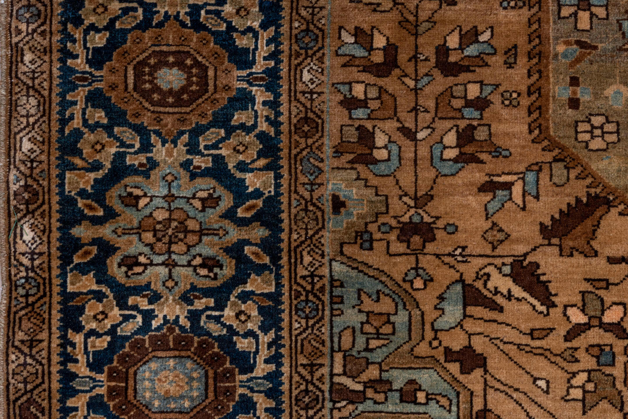 4' x 6' one-of-a-kind handmade antique Far.Sarouk small size rug. Color palette: camel, navy, ivory, taupe, walnut, sage