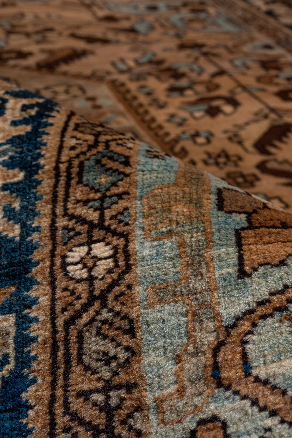 4' x 6' one-of-a-kind handmade antique Far.Sarouk small size rug. Color palette: camel, navy, ivory, taupe, walnut, sage