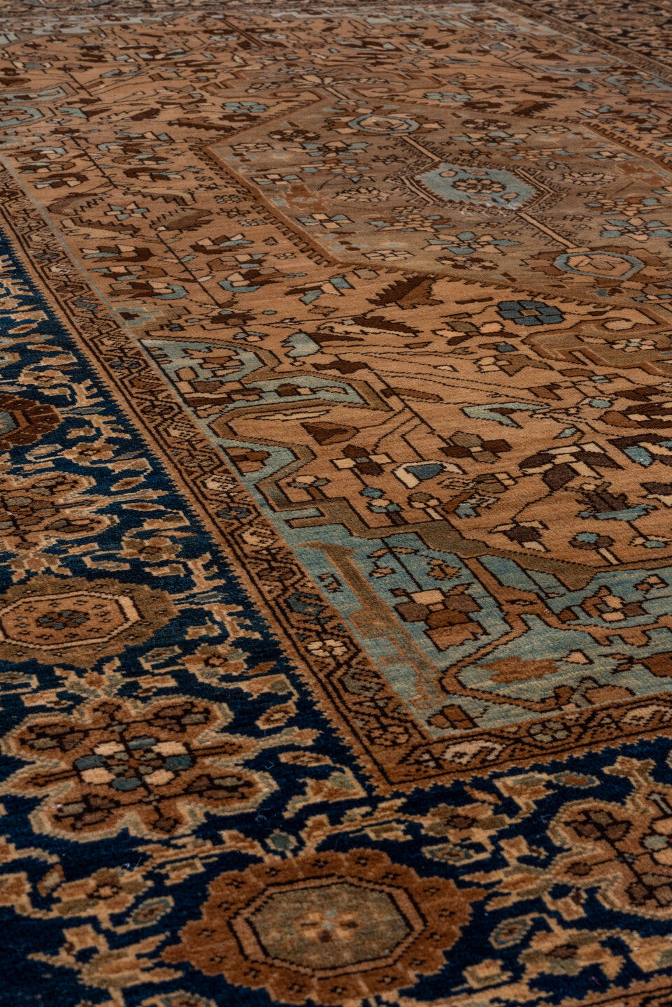 4' x 6' one-of-a-kind handmade antique Far.Sarouk small size rug. Color palette: camel, navy, ivory, taupe, walnut, sage