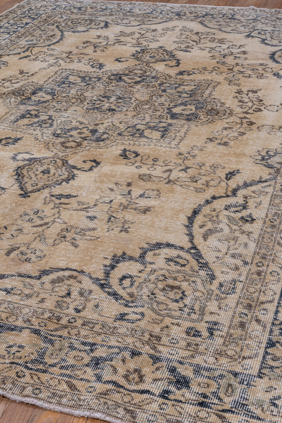 7' x 10' one-of-a-kind handmade vintage Oushak large size rug. Color palette: ivory, beige, blue, taupe, charcoal, gray