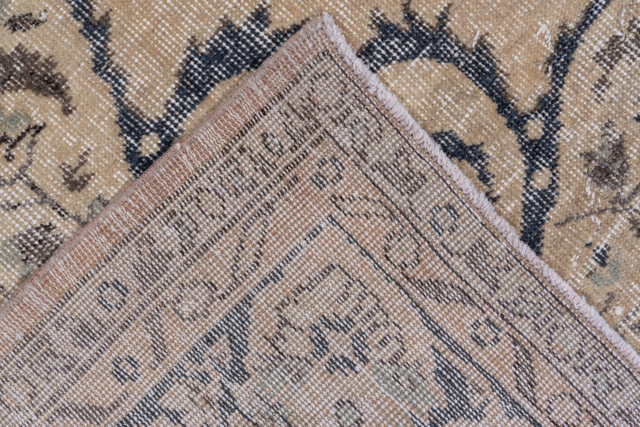 7' x 10' one-of-a-kind handmade vintage Oushak large size rug. Color palette: ivory, beige, blue, taupe, charcoal, gray