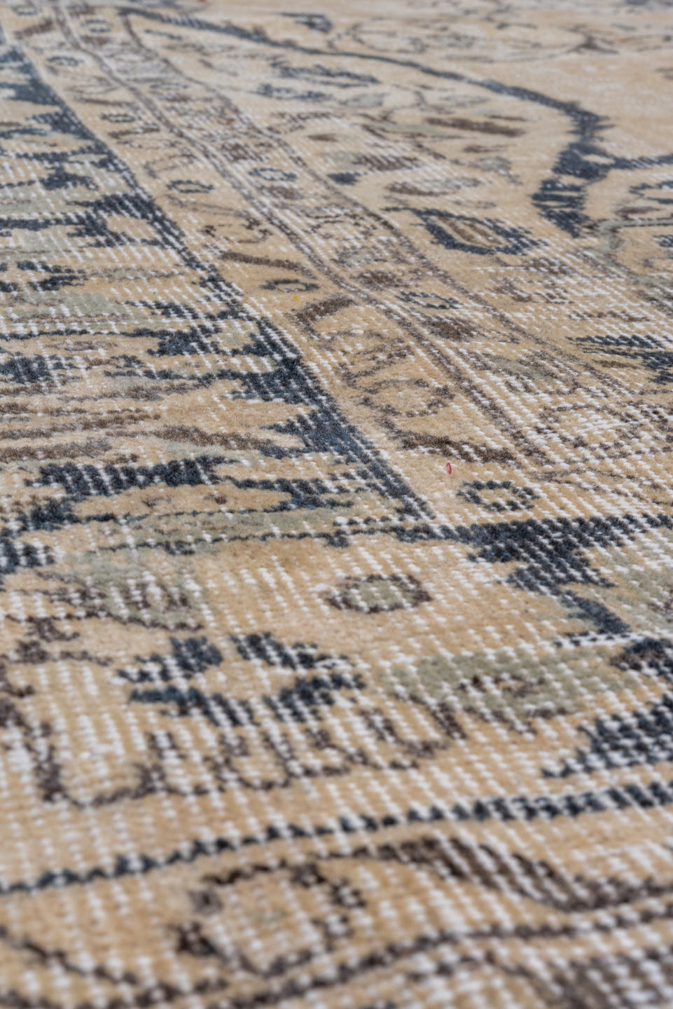7' x 10' one-of-a-kind handmade vintage Oushak large size rug. Color palette: ivory, beige, blue, taupe, charcoal, gray