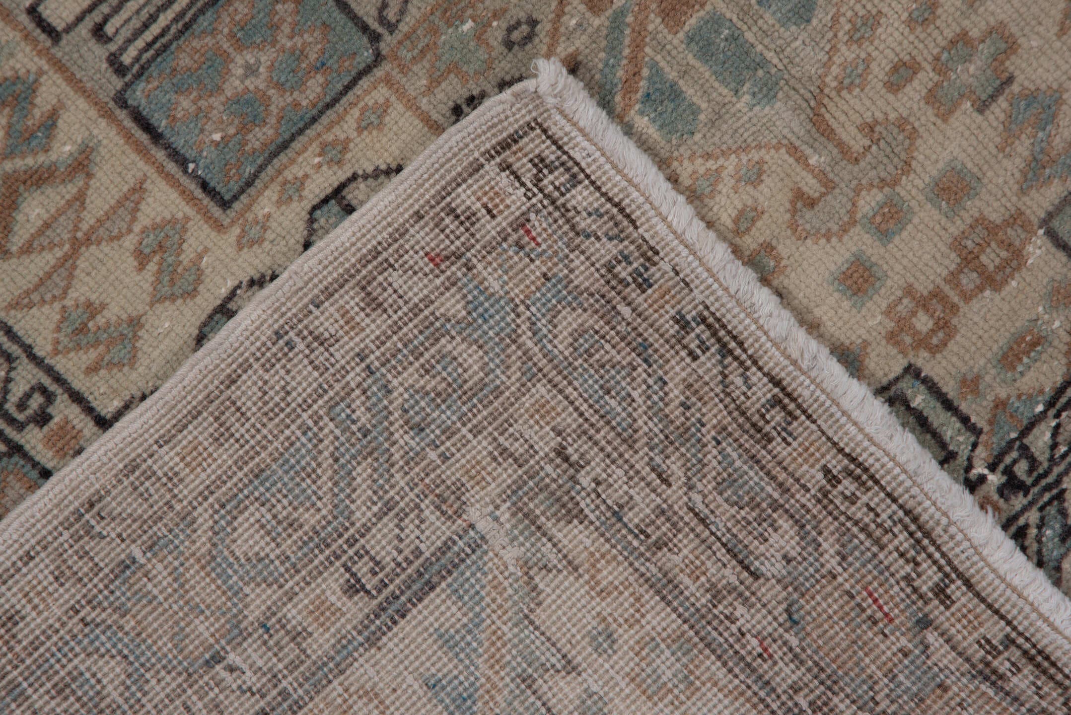 6' x 9' one-of-a-kind handmade vintage Kaisary medium size rug. Color palette: ivory, pale blue, taupe, beige, slate, camel