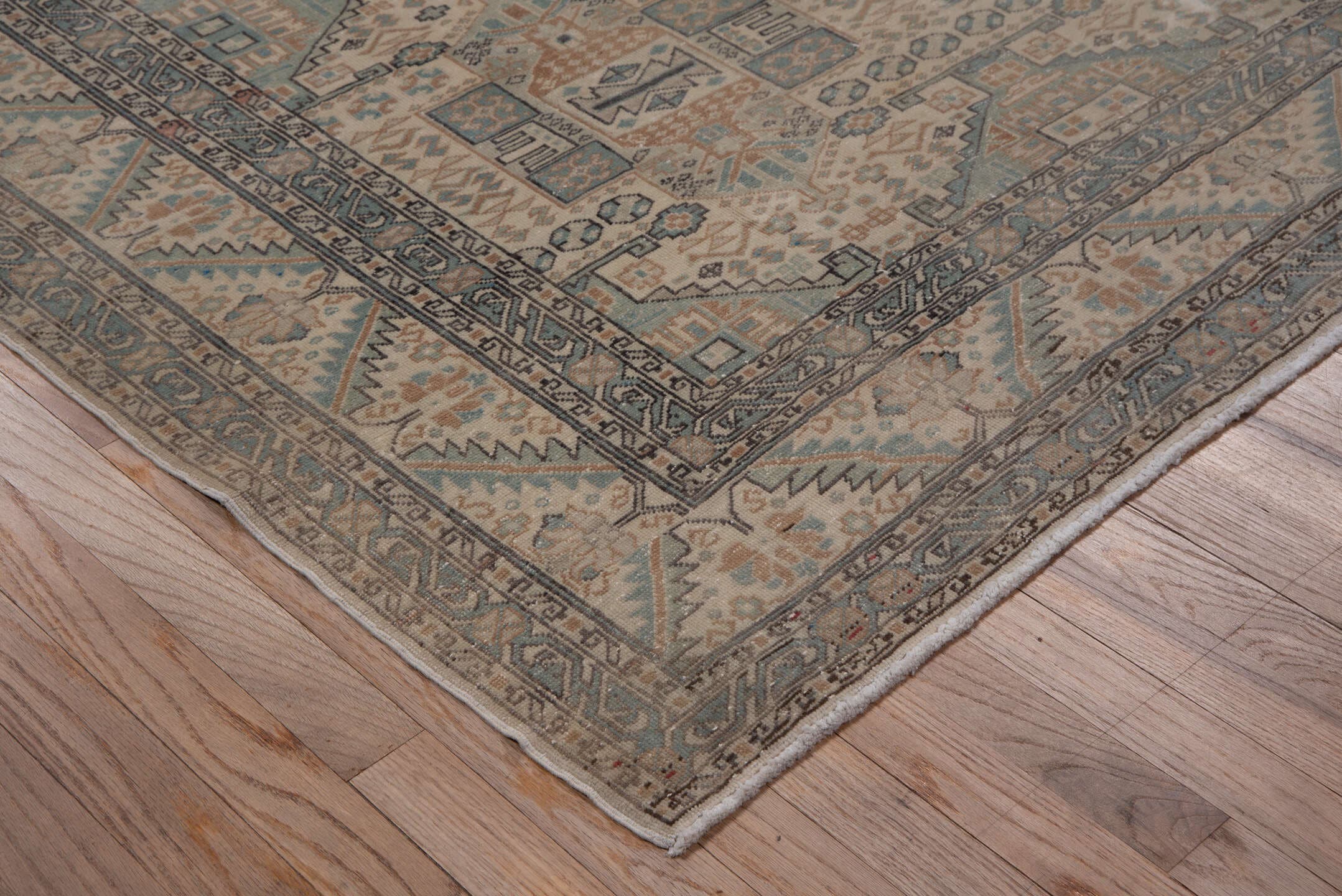 6' x 9' one-of-a-kind handmade vintage Kaisary medium size rug. Color palette: ivory, pale blue, taupe, beige, slate, camel