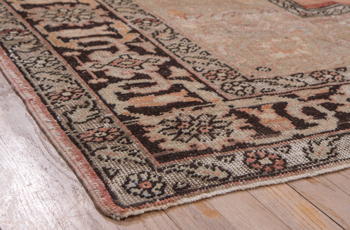 7' x 12' one-of-a-kind handmade vintage Oushak large size rug. Color palette: blush, ivory, charcoal, taupe, rose, beige