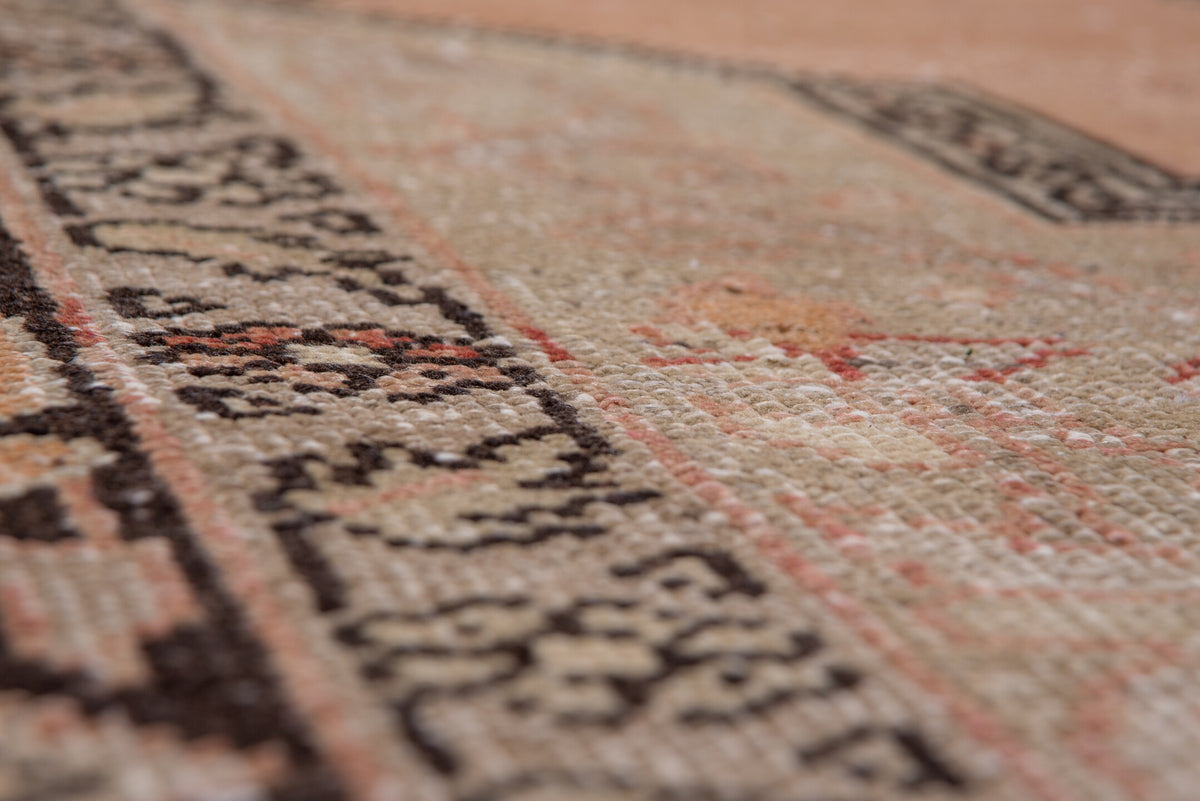 7' x 12' one-of-a-kind handmade vintage Oushak large size rug. Color palette: blush, ivory, charcoal, taupe, rose, beige