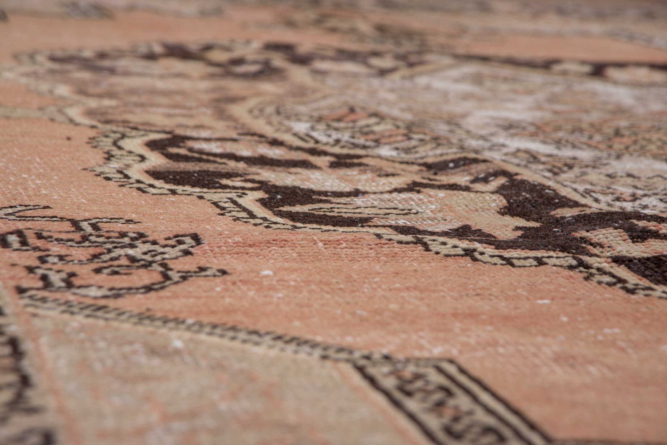 7' x 12' one-of-a-kind handmade vintage Oushak large size rug. Color palette: blush, ivory, charcoal, taupe, rose, beige