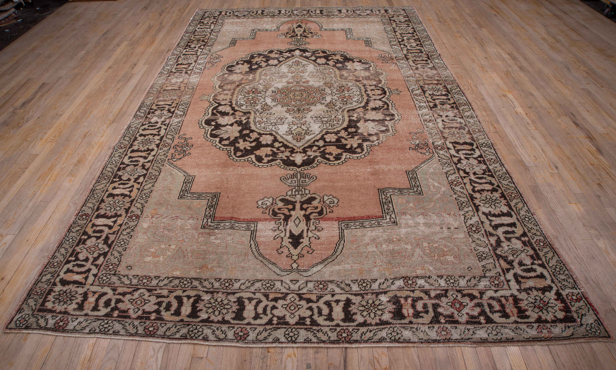 7' x 12' one-of-a-kind handmade vintage Oushak large size rug. Color palette: blush, ivory, charcoal, taupe, rose, beige
