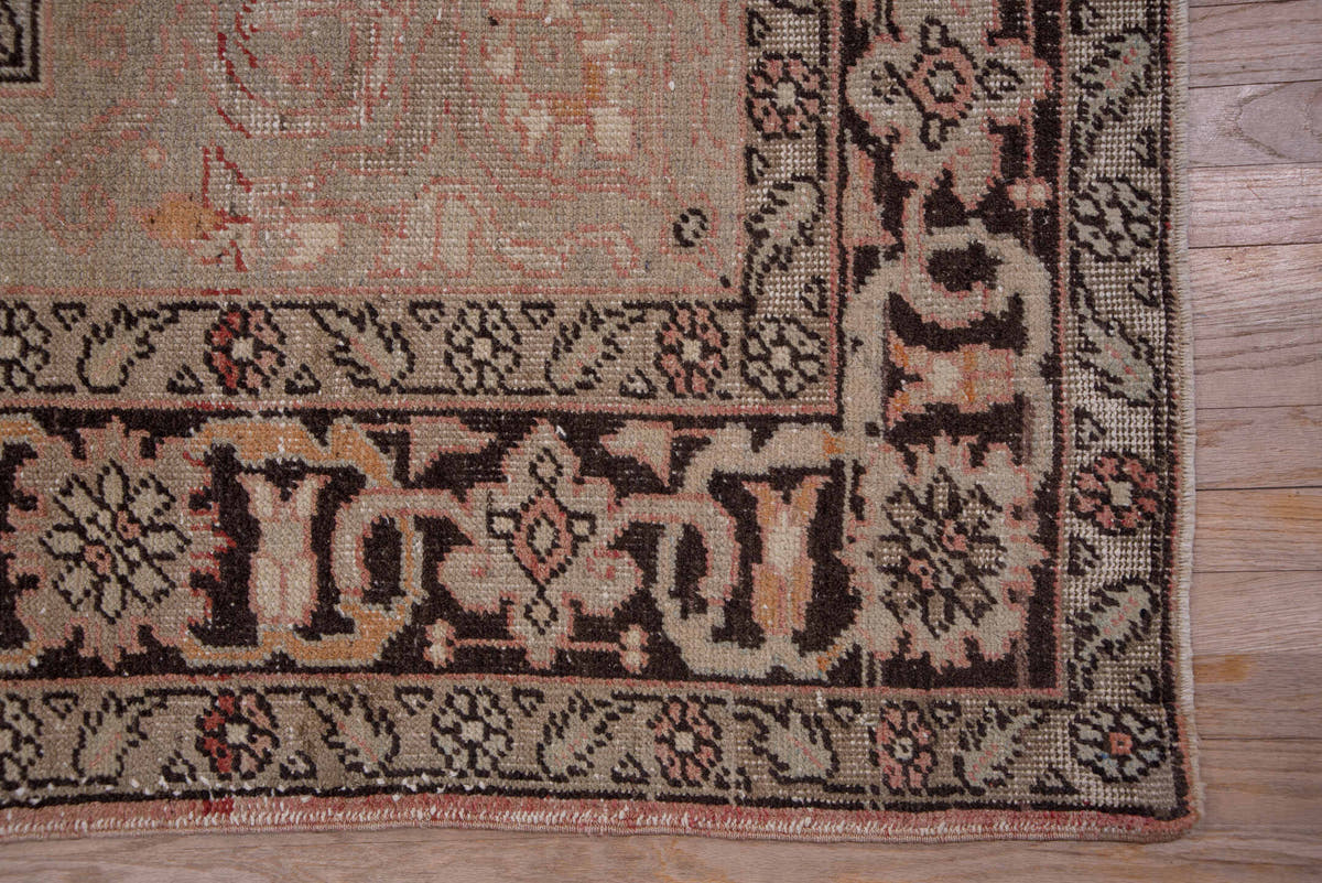 7' x 12' one-of-a-kind handmade vintage Oushak large size rug. Color palette: blush, ivory, charcoal, taupe, rose, beige
