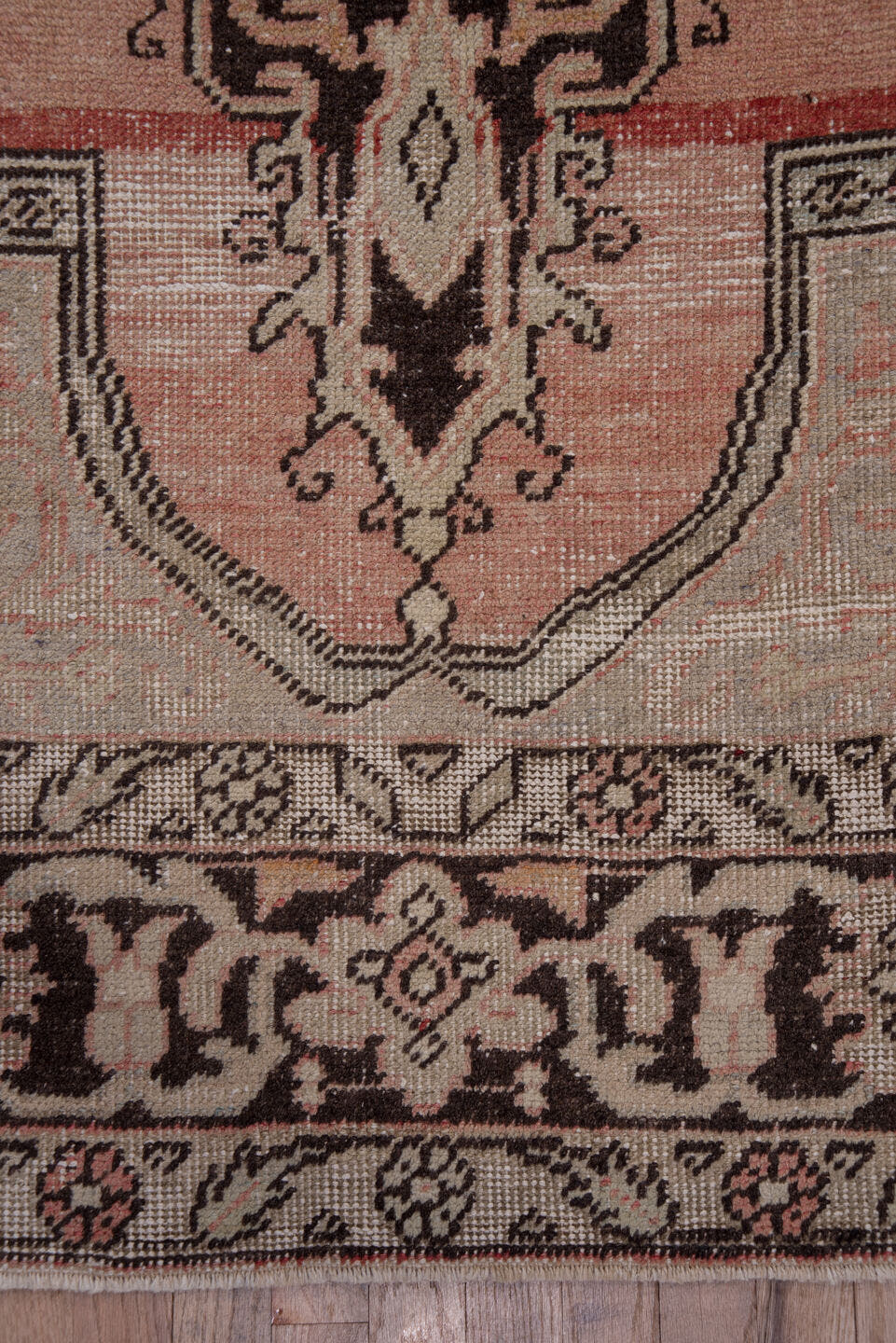 7' x 12' one-of-a-kind handmade vintage Oushak large size rug. Color palette: blush, ivory, charcoal, taupe, rose, beige