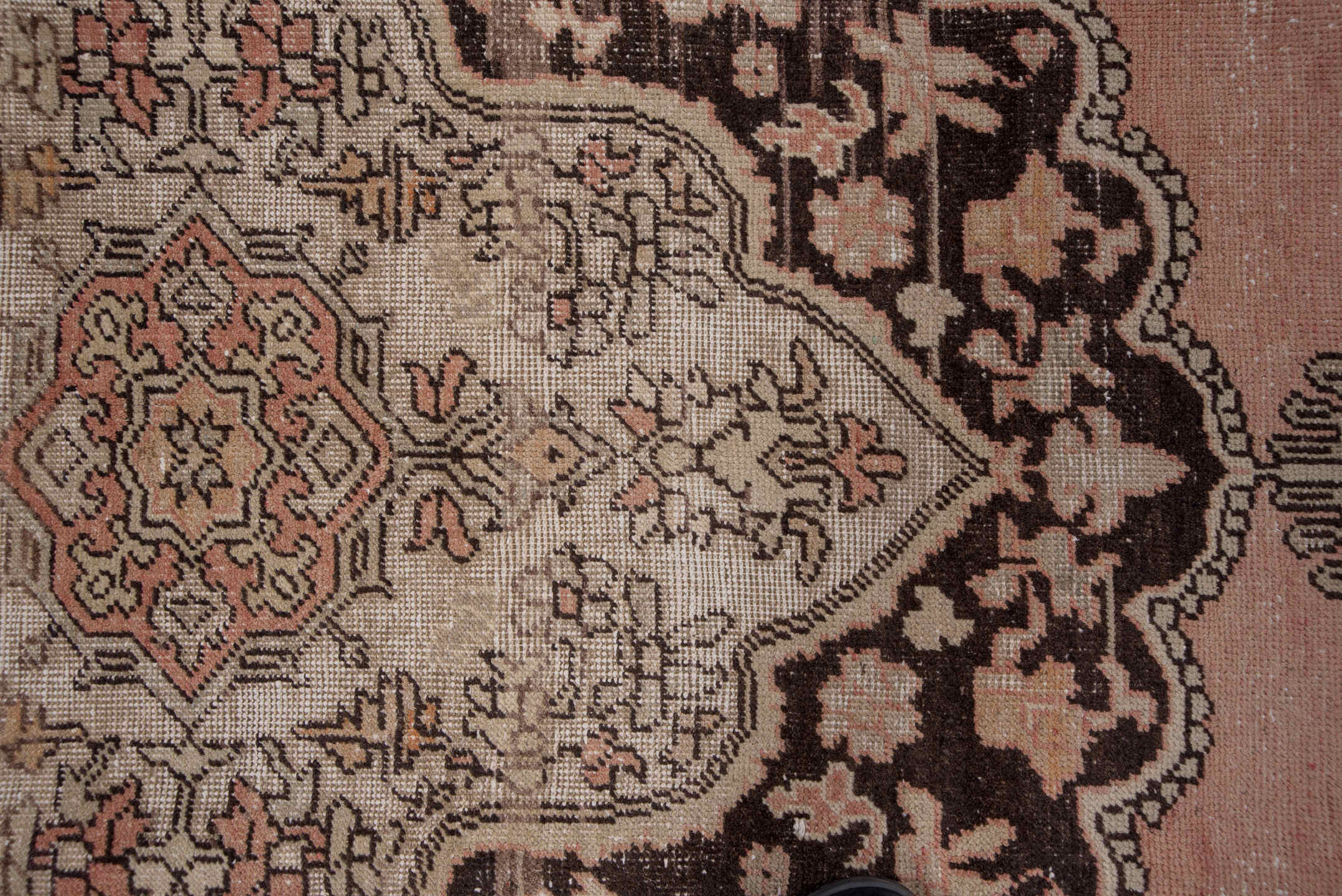 7' x 12' one-of-a-kind handmade vintage Oushak large size rug. Color palette: blush, ivory, charcoal, taupe, rose, beige