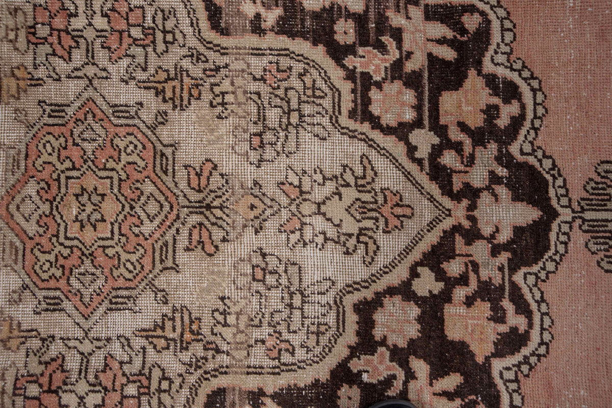 7' x 12' one-of-a-kind handmade vintage Oushak large size rug. Color palette: blush, ivory, charcoal, taupe, rose, beige