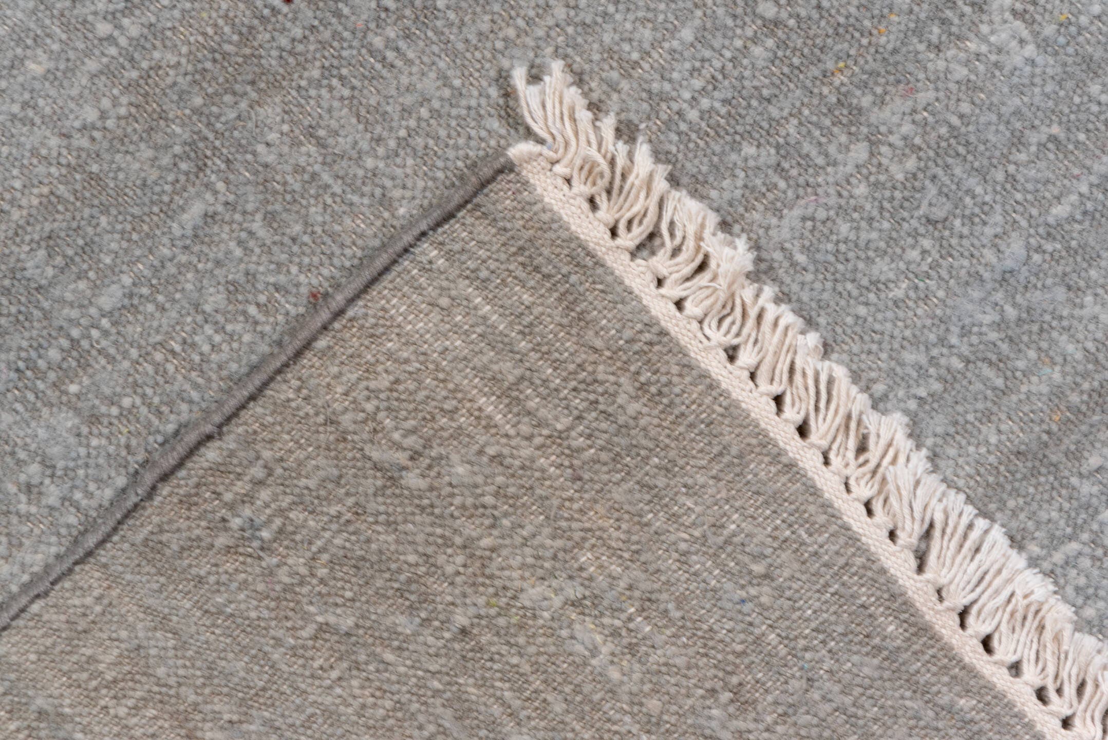11' x 14' one-of-a-kind handmade vintage Dhurrie oversize rug. Color palette: pale blue, silver, ivory, light blue, gray