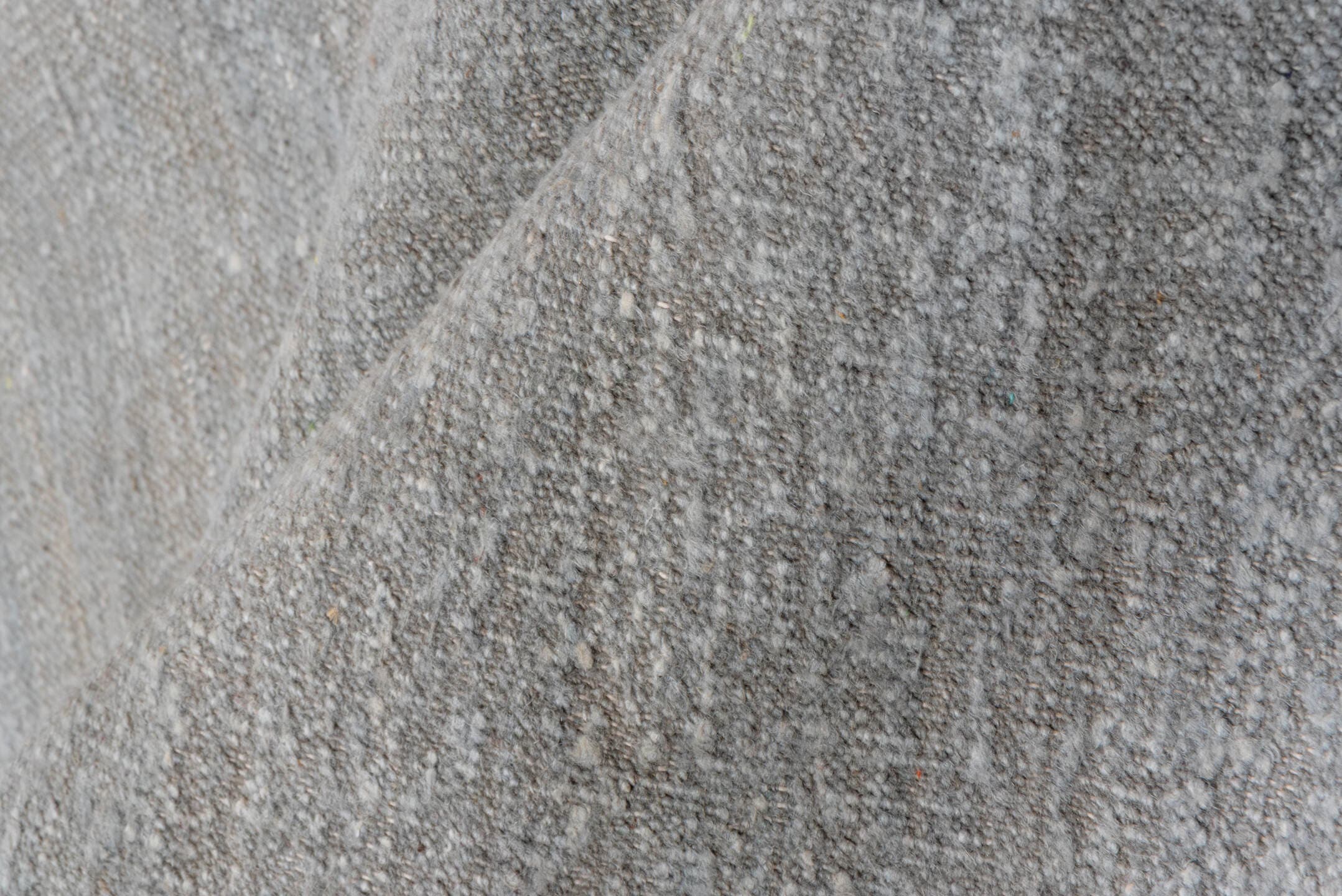 11' x 14' one-of-a-kind handmade vintage Dhurrie oversize rug. Color palette: pale blue, silver, ivory, light blue, gray