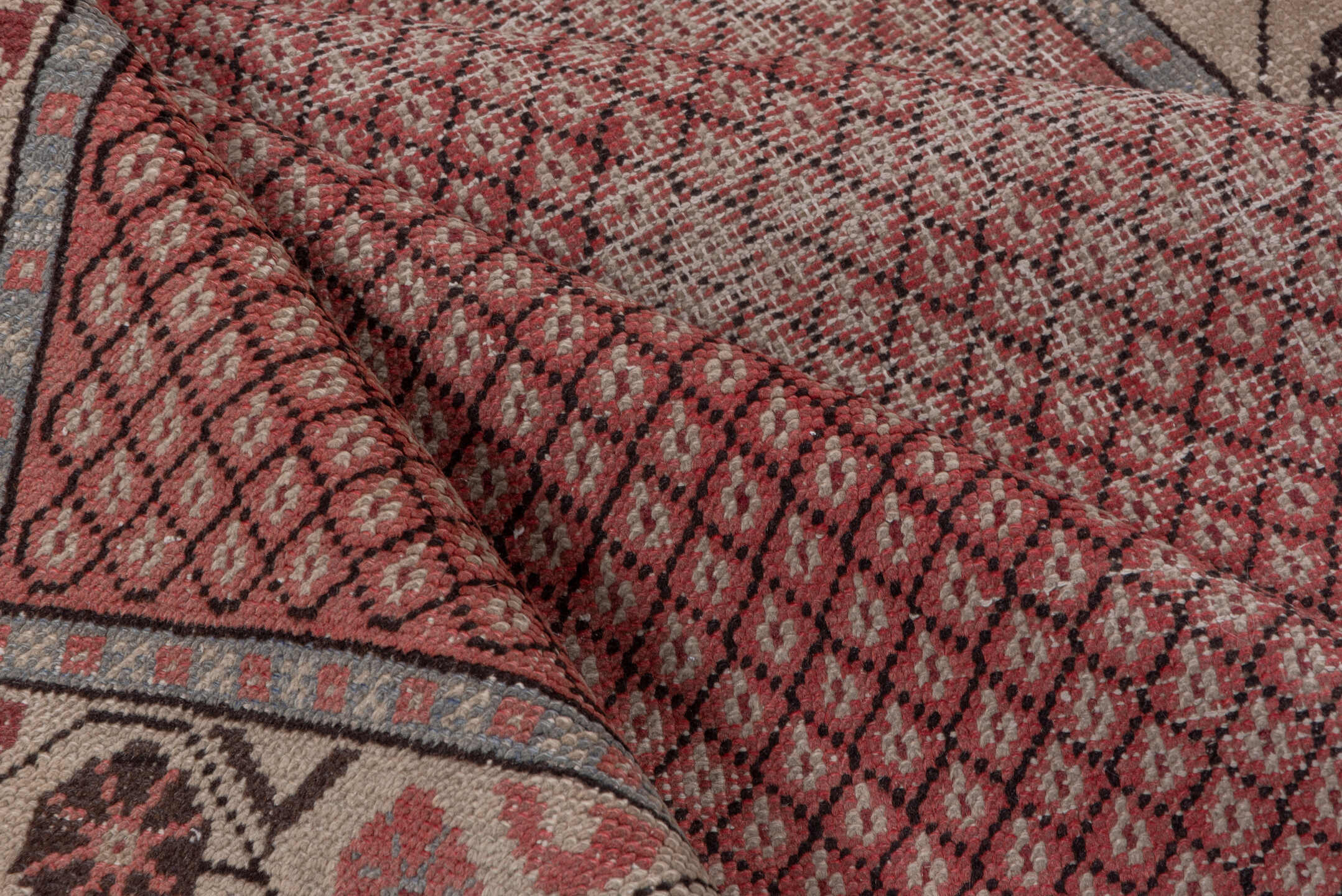 4' x 7' one-of-a-kind handmade vintage Oushak rug. Color palette: rose, ivory, dusty blue, charcoal, gold, crimson, pink