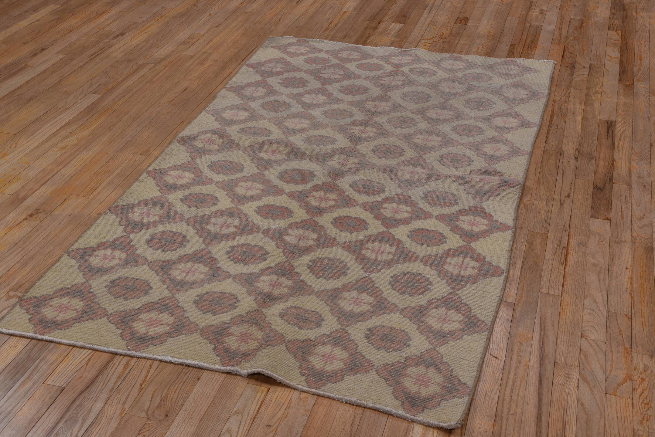 4' x 7' one-of-a-kind handmade vintage Oushak rug. Color palette: taupe, dusty rose, ivory, beige, soft brown, gray, pink