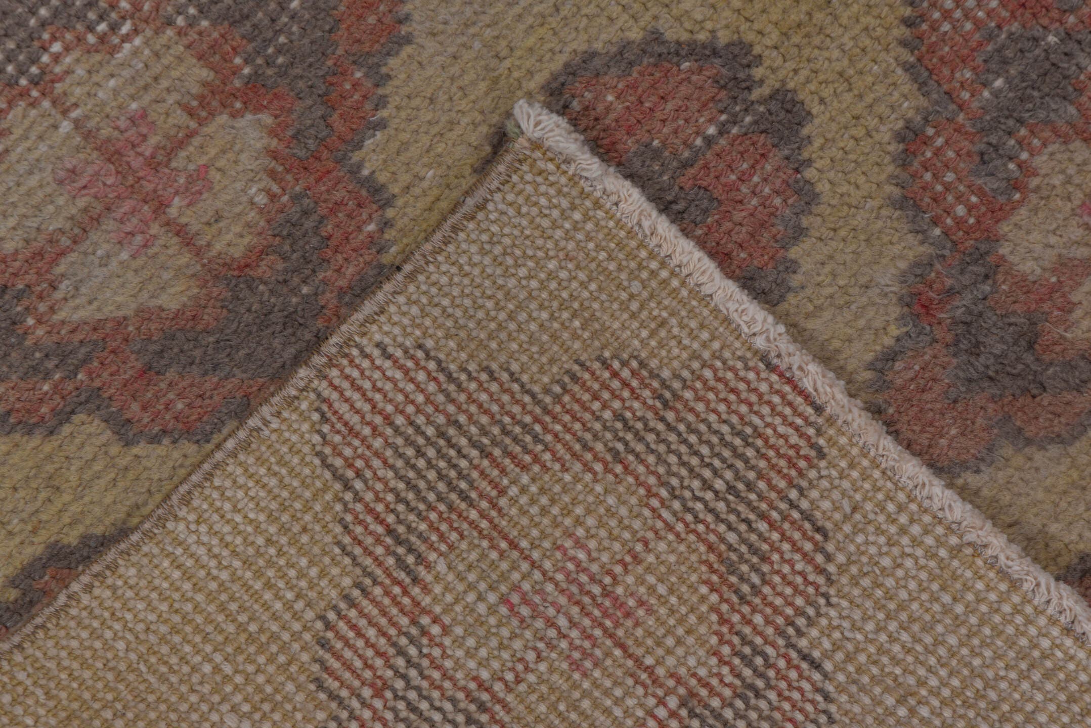 4' x 7' one-of-a-kind handmade vintage Oushak rug. Color palette: taupe, dusty rose, ivory, beige, soft brown, gray, pink