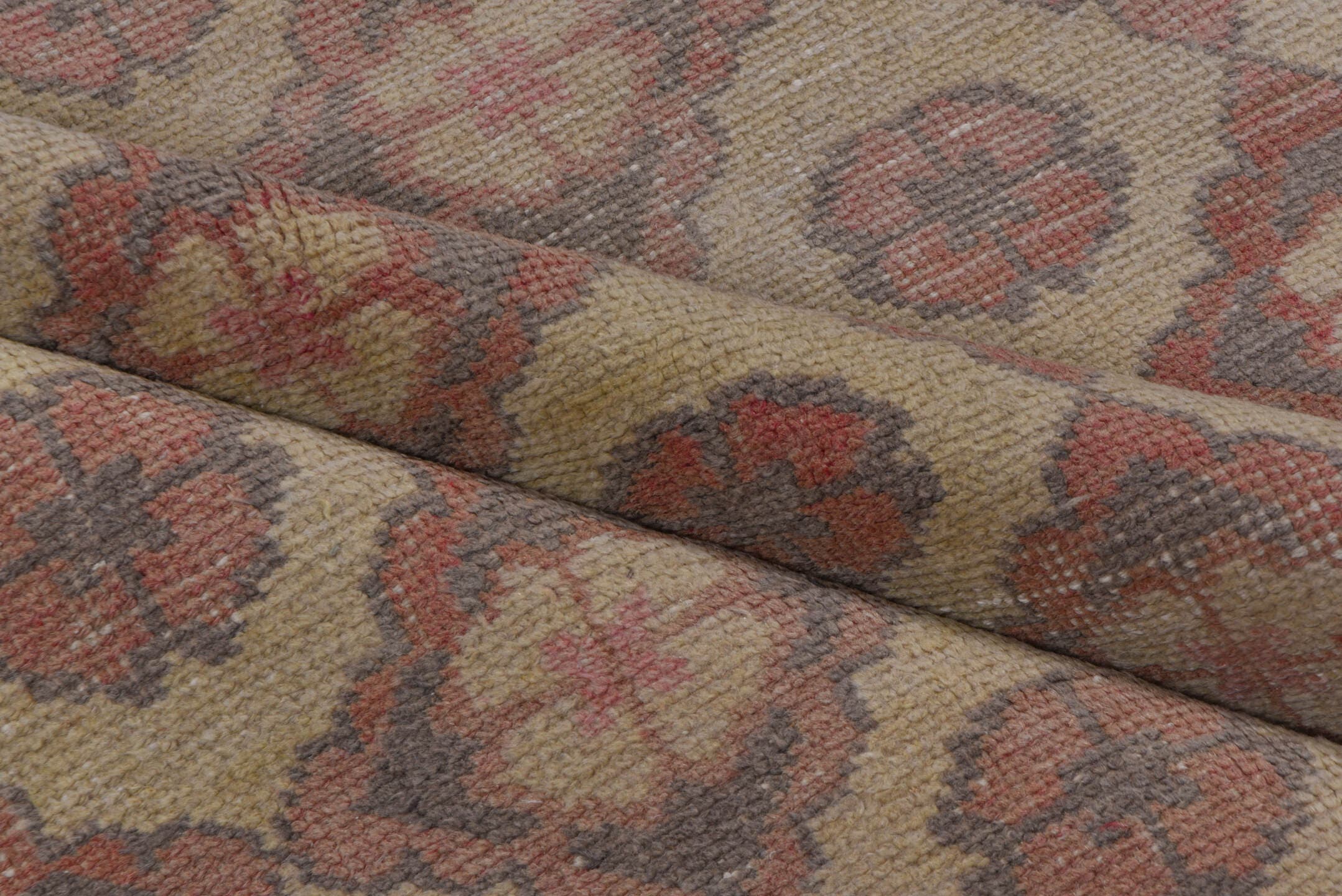 4' x 7' one-of-a-kind handmade vintage Oushak rug. Color palette: taupe, dusty rose, ivory, beige, soft brown, gray, pink
