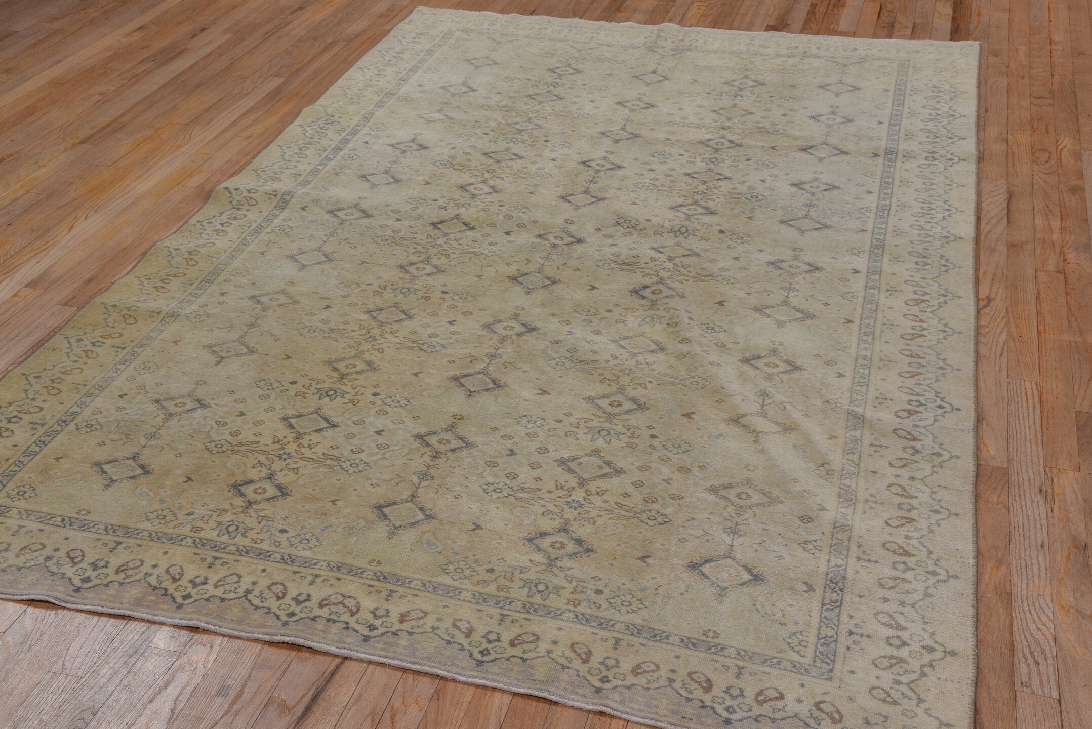 6' x 9' one-of-a-kind handmade vintage Kaisary medium size rug. Color palette: beige, ivory, taupe, slate, camel, brown