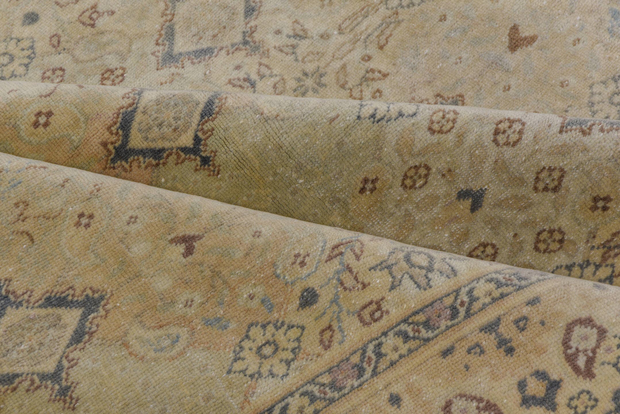 6' x 9' one-of-a-kind handmade vintage Kaisary medium size rug. Color palette: beige, ivory, taupe, slate, camel, brown