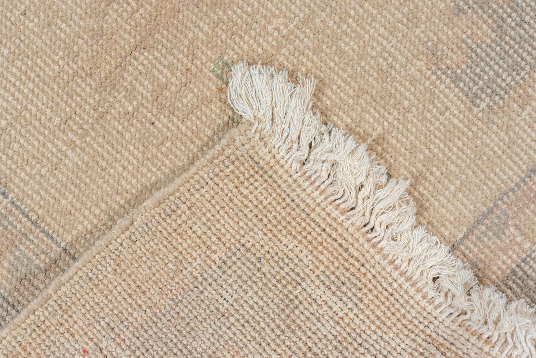 5' x 8' one-of-a-kind handmade vintage Oushak medium size rug. Color palette: ivory, taupe, gray, sage, blush, slate, beige