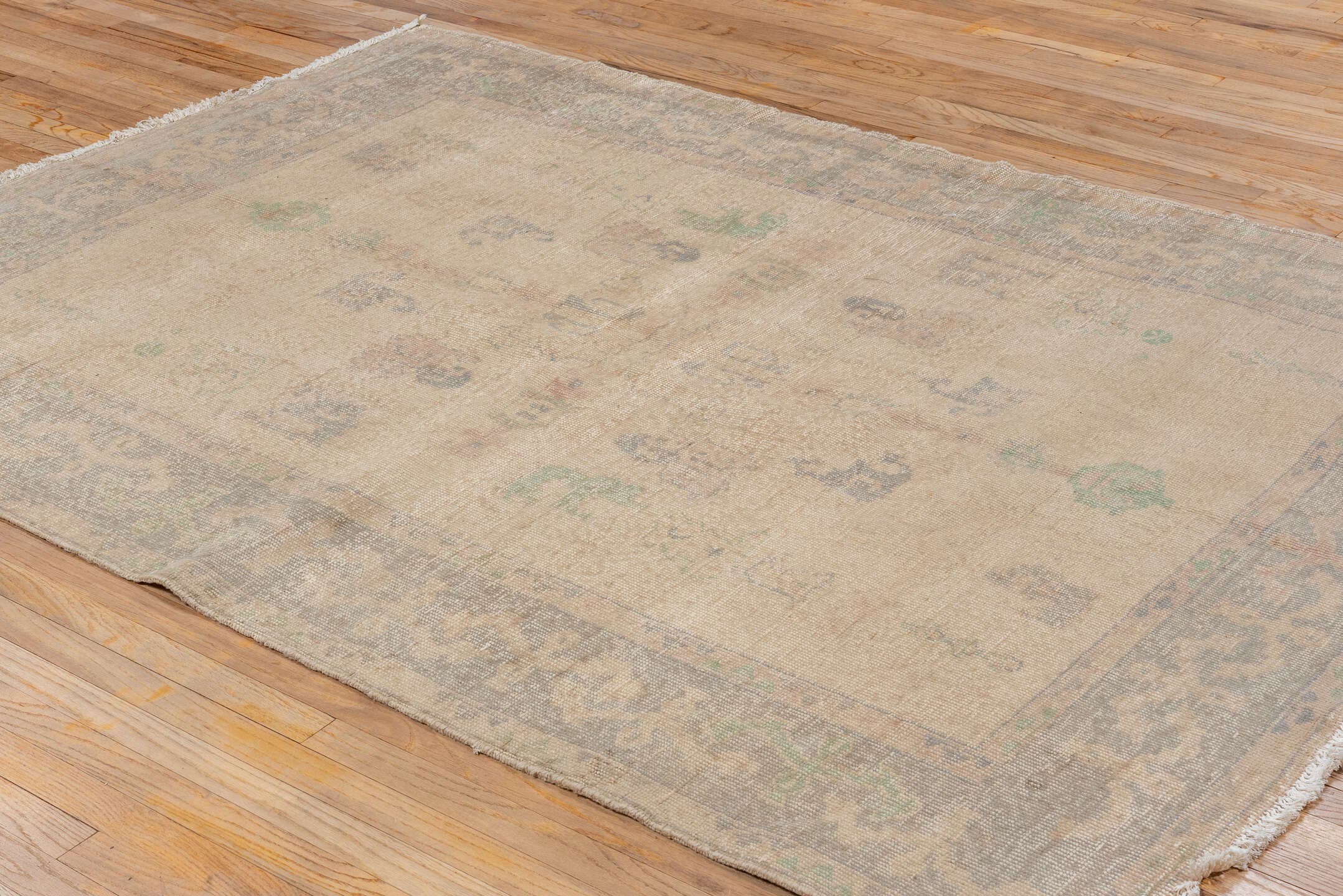 5' x 8' one-of-a-kind handmade vintage Oushak medium size rug. Color palette: ivory, taupe, gray, sage, blush, slate, beige