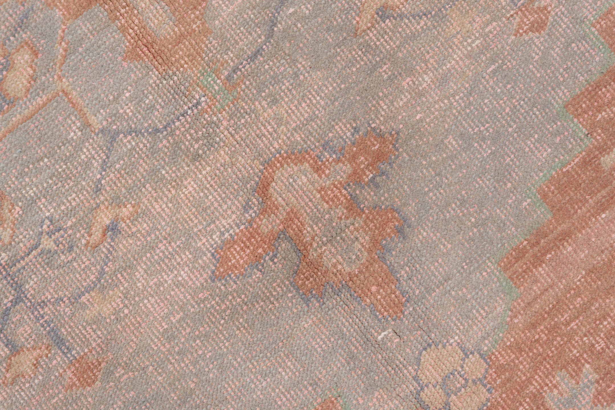 5' x 7' one-of-a-kind handmade vintage Oushak medium size rug. Color palette: blush, dusty rose, pale blue, ivory, taupe