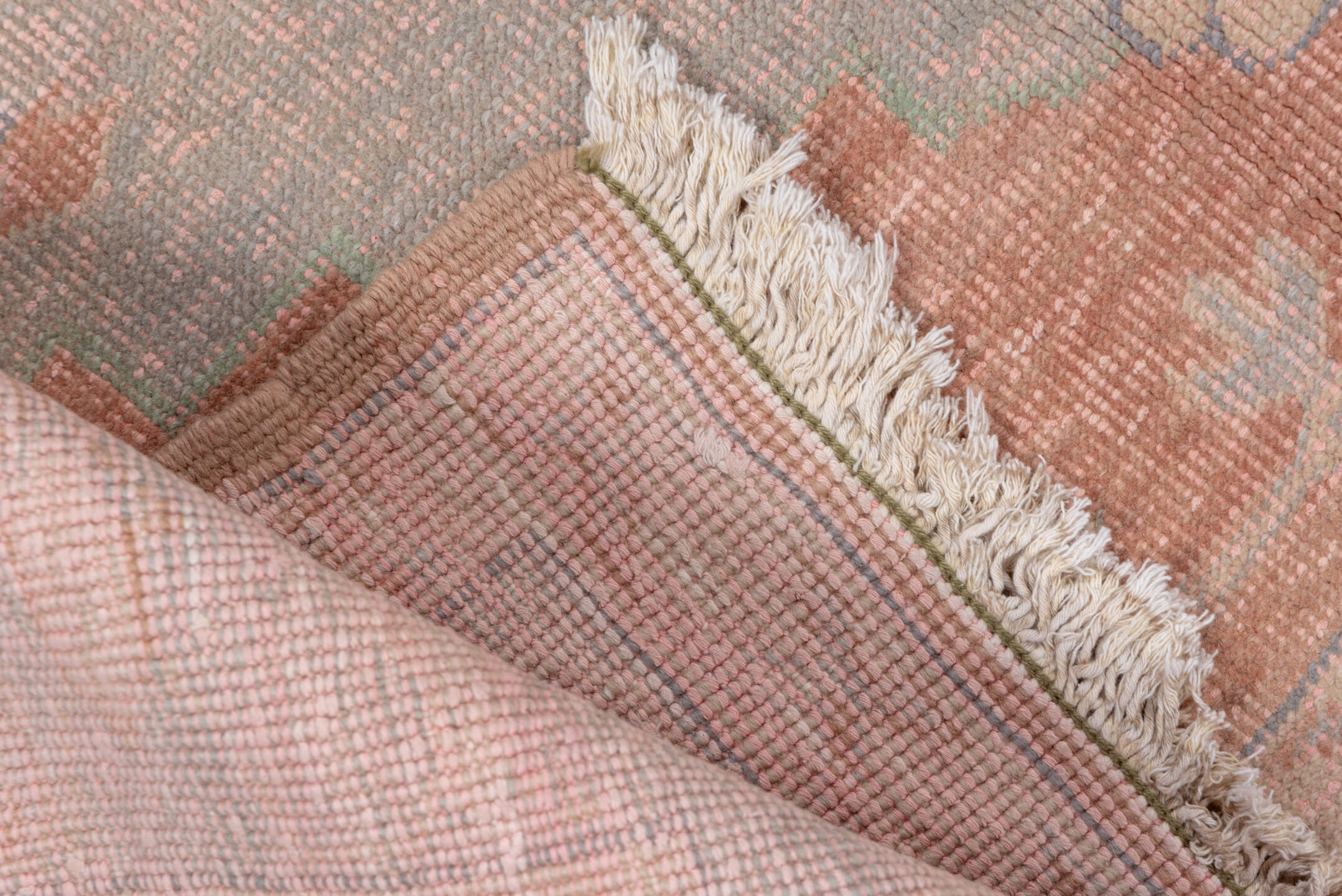 5' x 7' one-of-a-kind handmade vintage Oushak medium size rug. Color palette: blush, dusty rose, pale blue, ivory, taupe