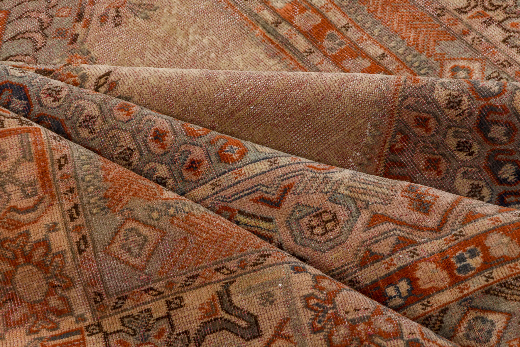 5' x 8' one-of-a-kind handmade vintage Oushak medium size rug. Color palette: brown, gray, light gray, off-white, pink