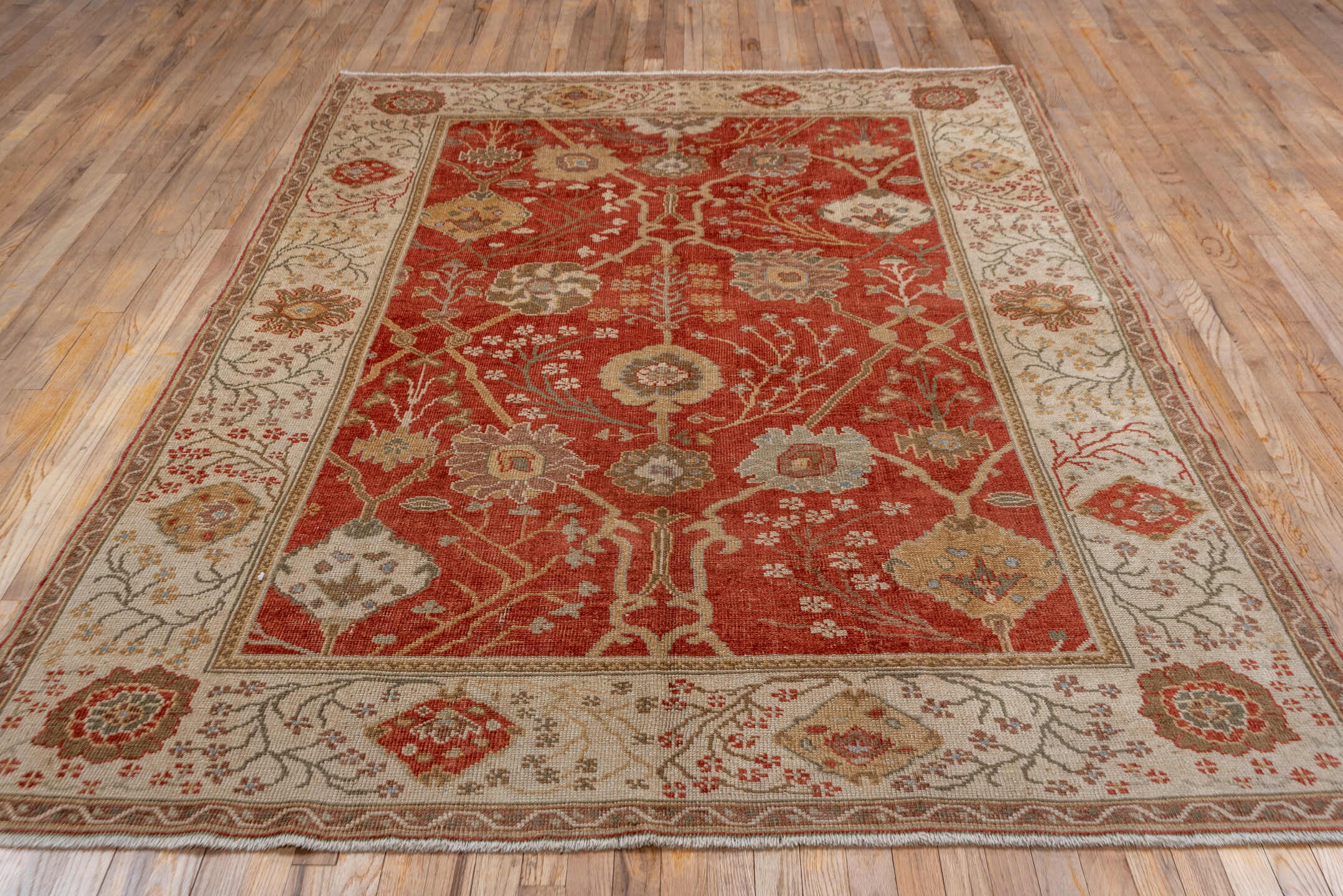 6' x 9' one-of-a-kind handmade vintage Oushak medium size rug. Color palette: terra cotta, ivory, taupe, sage, gold, rust