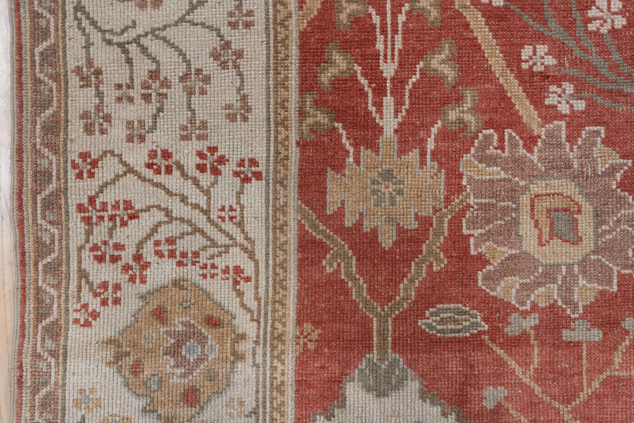 6' x 9' one-of-a-kind handmade vintage Oushak medium size rug. Color palette: terra cotta, ivory, taupe, sage, gold, rust