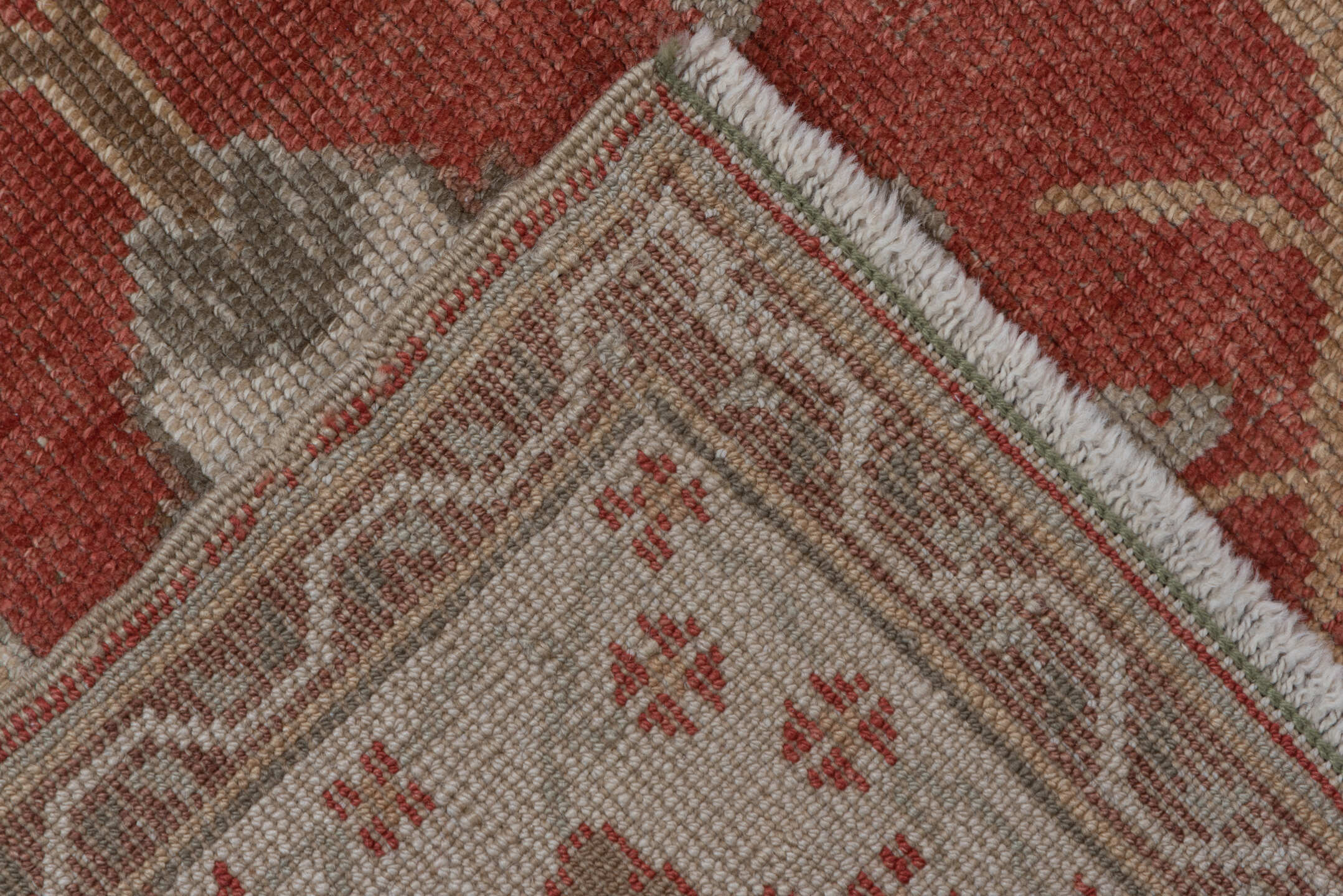 6' x 9' one-of-a-kind handmade vintage Oushak medium size rug. Color palette: brown, off-white, orange, pink