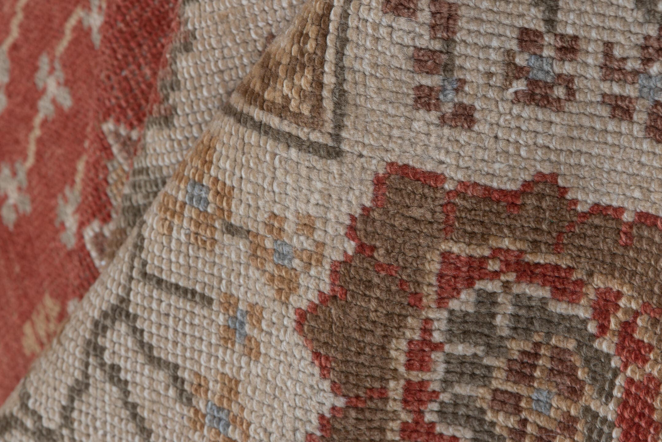 6' x 9' one-of-a-kind handmade vintage Oushak medium size rug. Color palette: terra cotta, ivory, taupe, sage, gold, rust