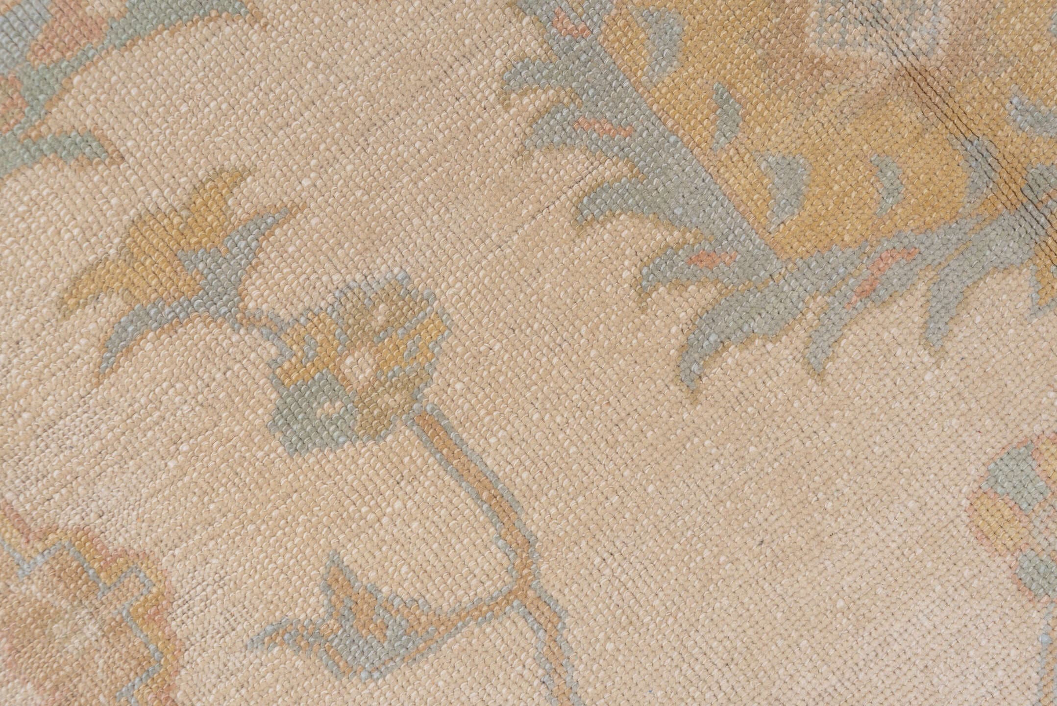 9' x 12' one-of-a-kind handmade vintage Oushak large size rug. Color palette: ivory, pale blue, taupe, gold, beige, sage