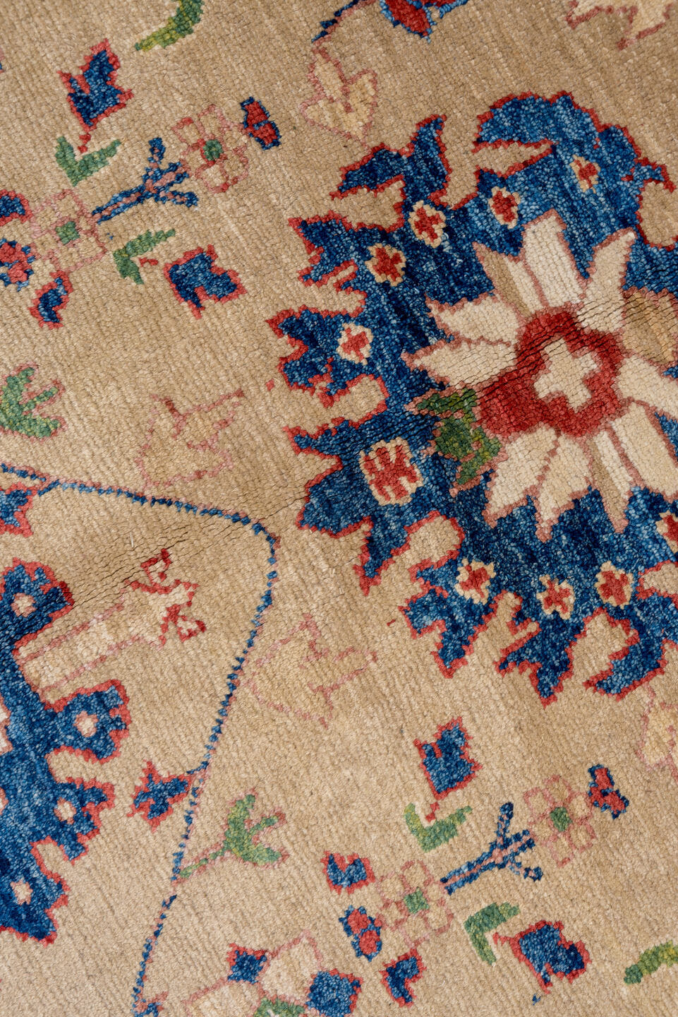 9' x 10' one-of-a-kind handmade vintage Oushak large size rug. Color palette: beige, cobalt, ivory, rust, sage, taupe, blue