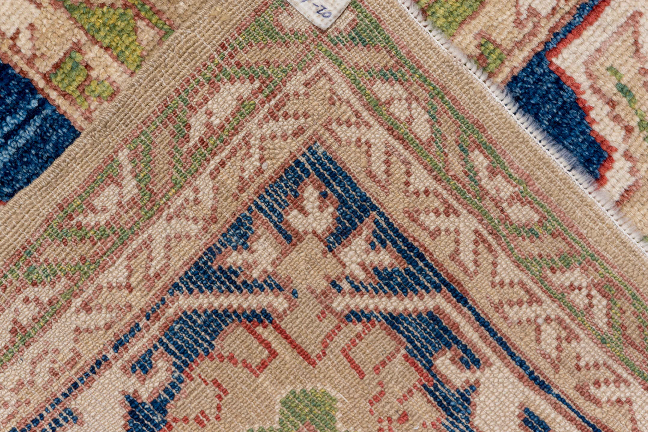 9' x 10' one-of-a-kind handmade vintage Oushak large size rug. Color palette: beige, cobalt, ivory, rust, sage, taupe, blue