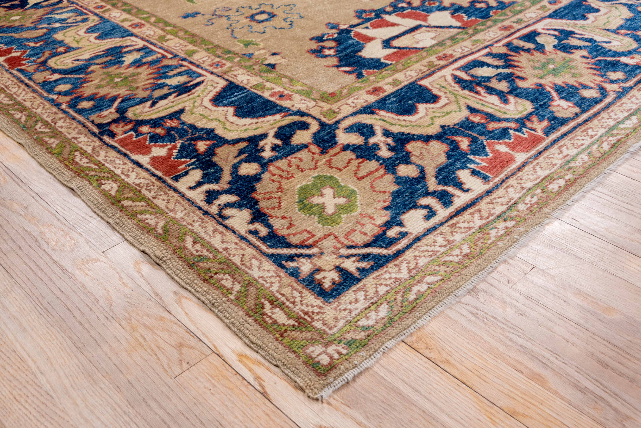 9' x 10' one-of-a-kind handmade vintage Oushak large size rug. Color palette: beige, cobalt, ivory, rust, sage, taupe, blue