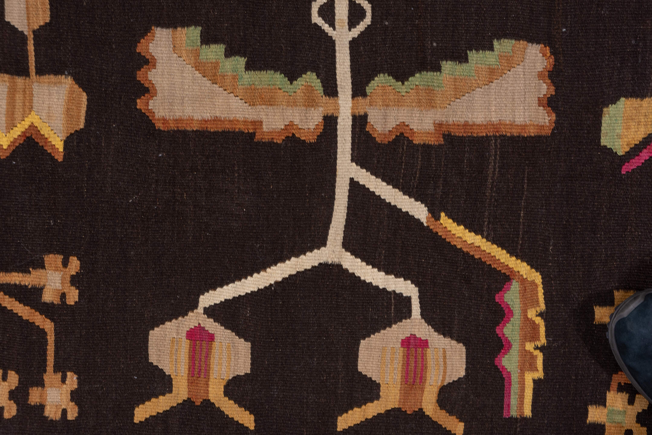 1' x 23' one-of-a-kind handmade vintage Besserabian rug. Color palette: black, brown, gray, light gray, off-white, pink, red