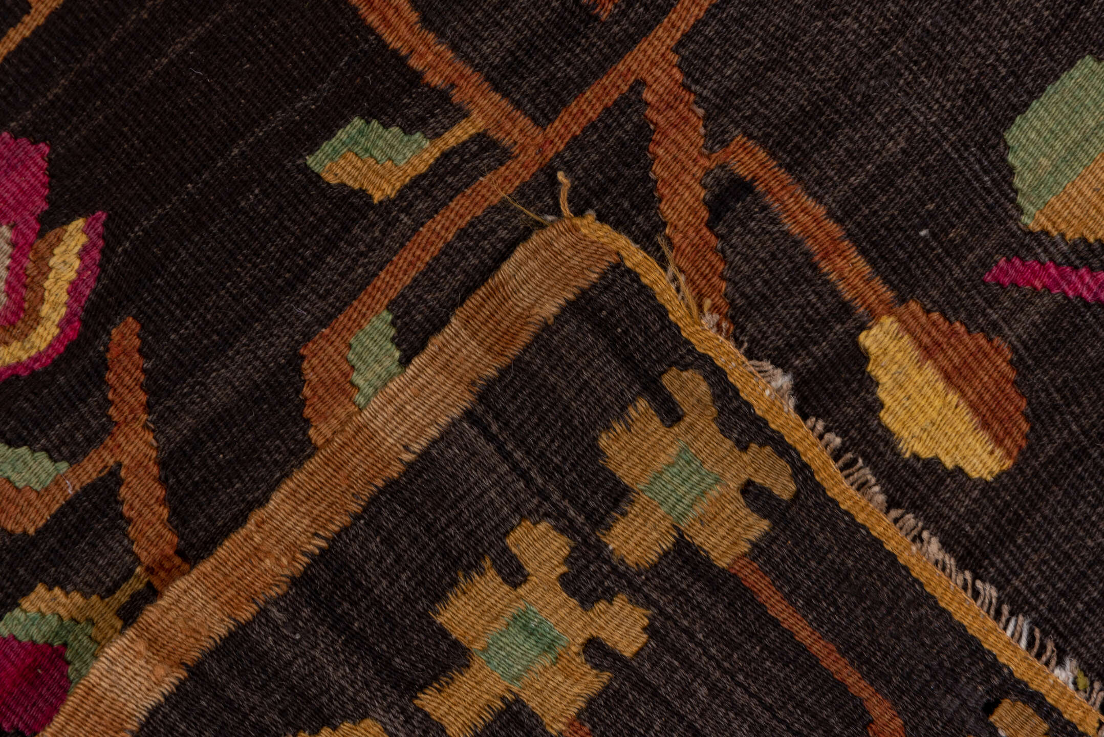 1' x 23' one-of-a-kind handmade vintage Besserabian rug. Color palette: black, brown, gray, light gray, off-white, pink, red