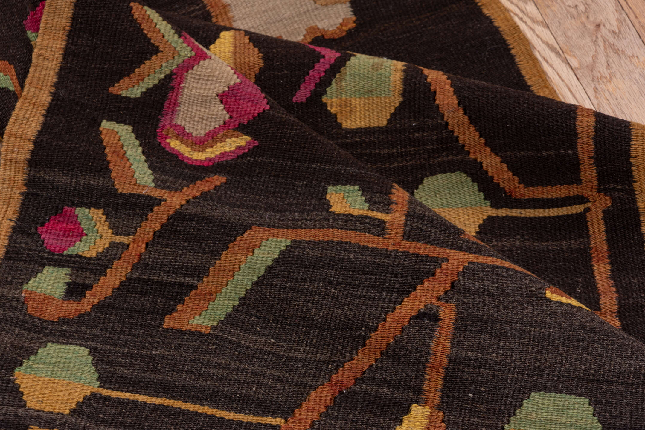 1' x 23' one-of-a-kind handmade vintage Besserabian rug. Color palette: black, brown, gray, light gray, off-white, pink, red