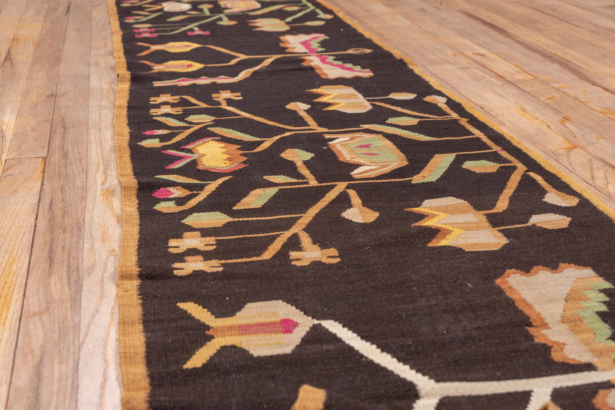 1' x 23' one-of-a-kind handmade vintage Besserabian rug. Color palette: black, brown, gray, light gray, off-white, pink, red