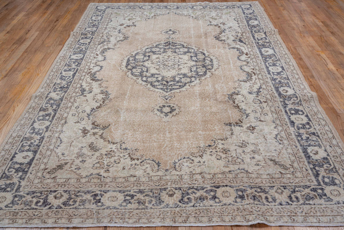 7' x 10' one-of-a-kind handmade vintage Oushak large size rug. Color palette: beige, ivory, charcoal, taupe, sage, gray