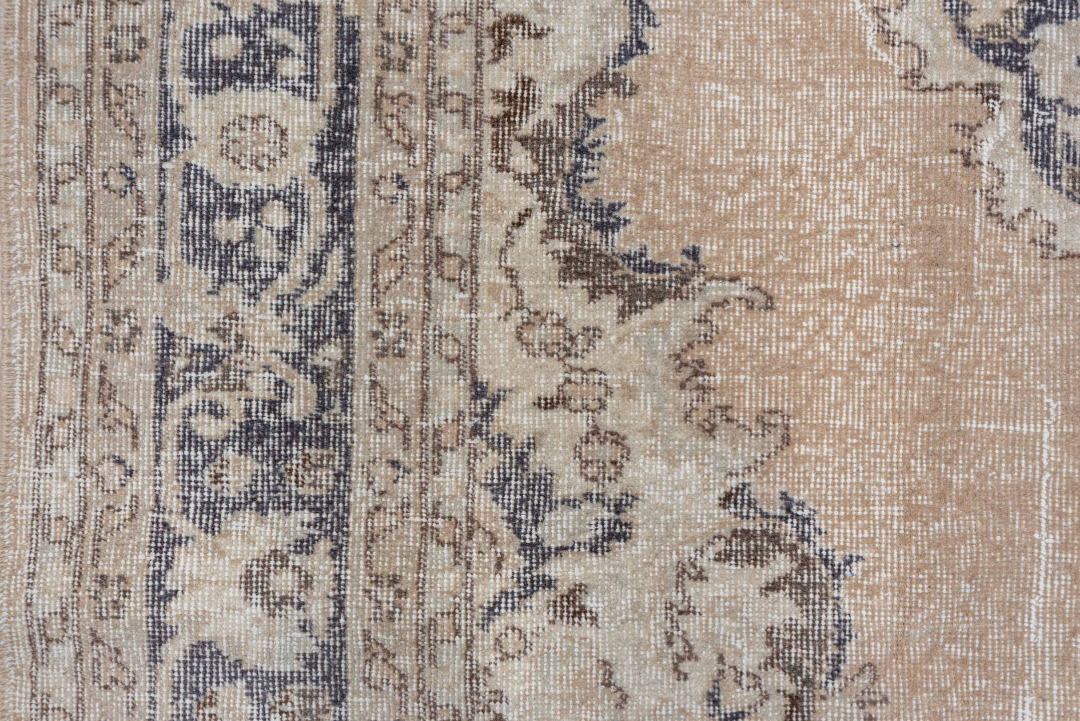 7' x 10' one-of-a-kind handmade vintage Oushak large size rug. Color palette: beige, ivory, charcoal, taupe, sage, gray