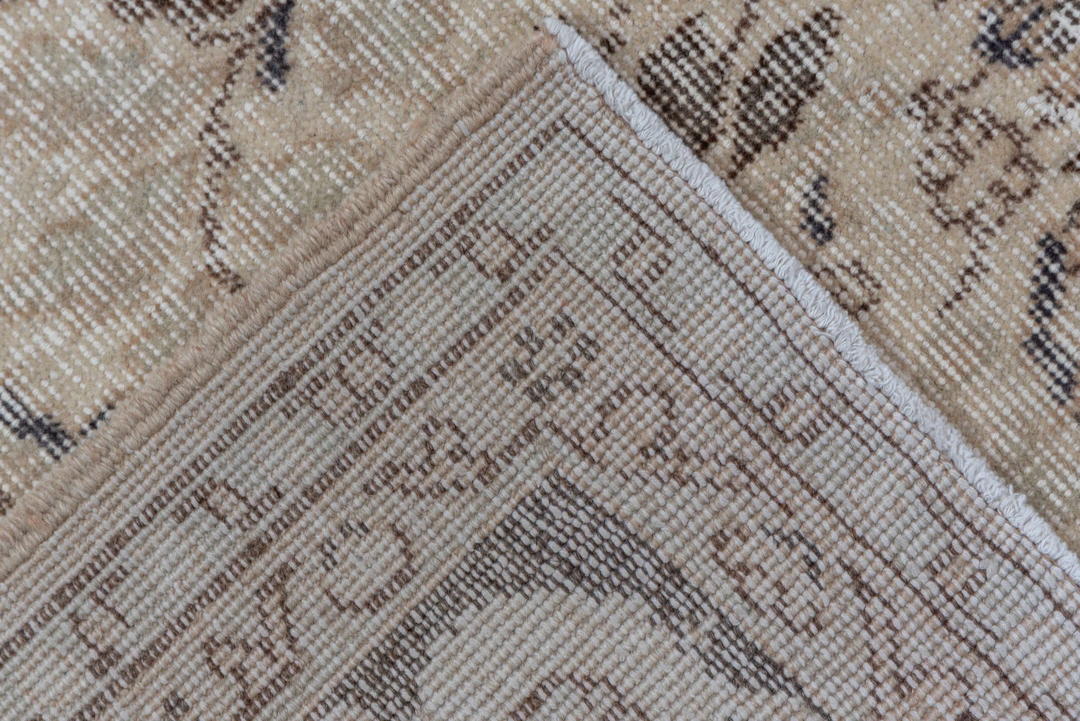 7' x 10' one-of-a-kind handmade vintage Oushak large size rug. Color palette: beige, ivory, charcoal, taupe, sage, gray