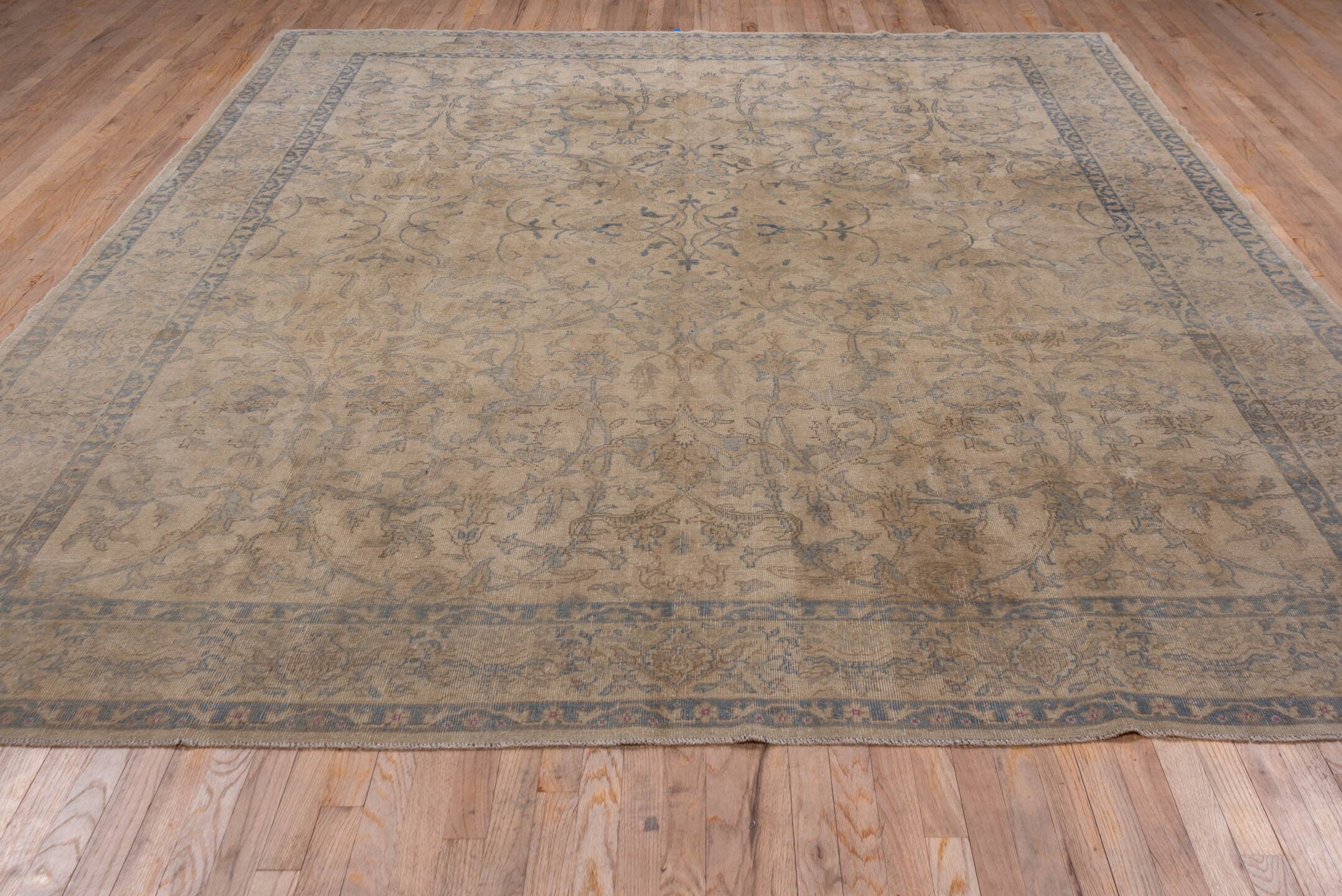 9' x 11' one-of-a-kind handmade vintage Oushak large size rug. Color palette: beige, taupe, slate, ivory, camel, blue, gray