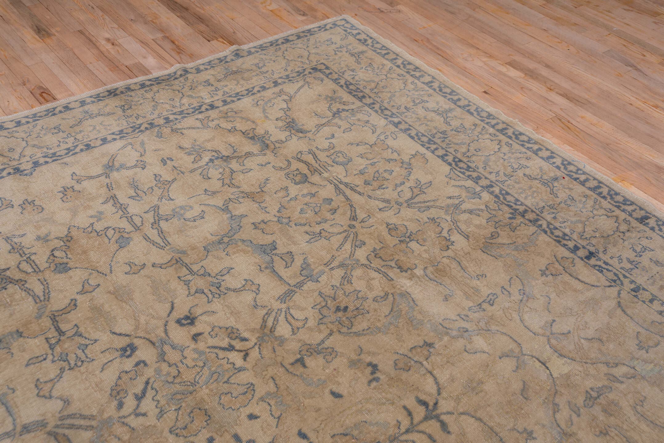 9' x 11' one-of-a-kind handmade vintage Oushak large size rug. Color palette: beige, taupe, slate, ivory, camel, blue, gray