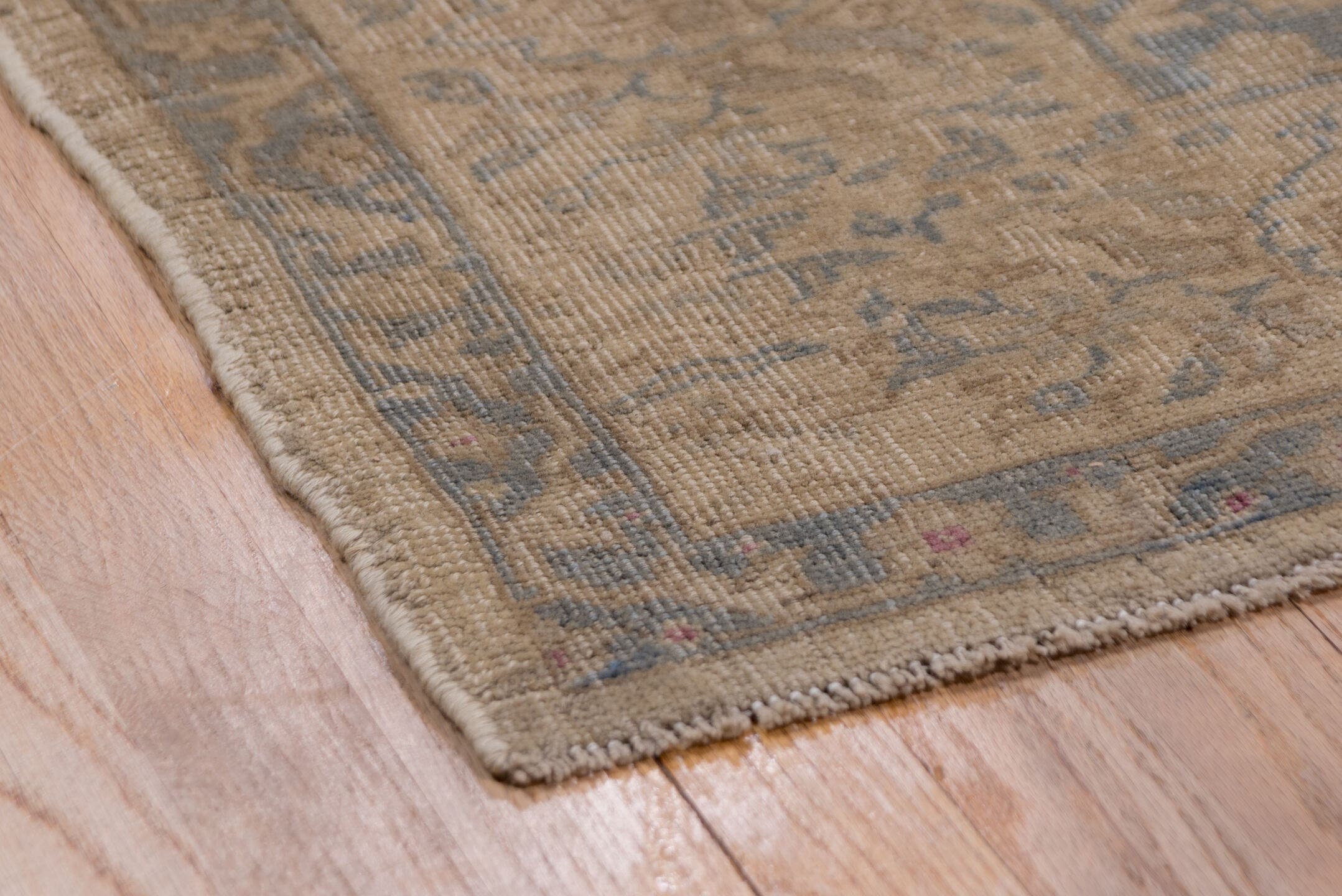 9' x 11' one-of-a-kind handmade vintage Oushak large size rug. Color palette: beige, taupe, slate, ivory, camel, blue, gray